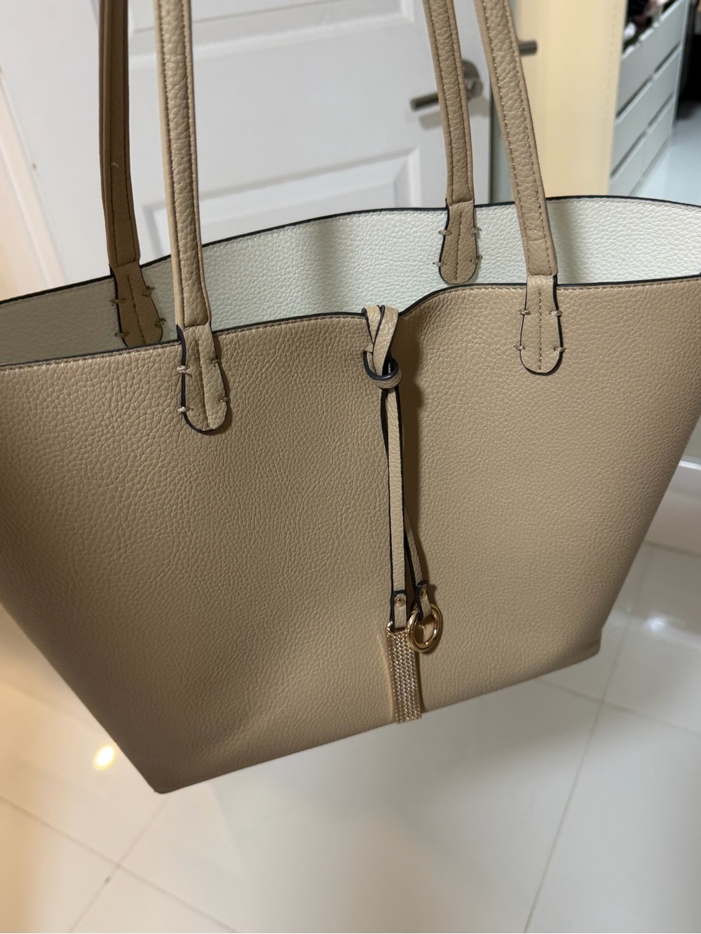 Beige Faux Leather Tote Bag with Tassel